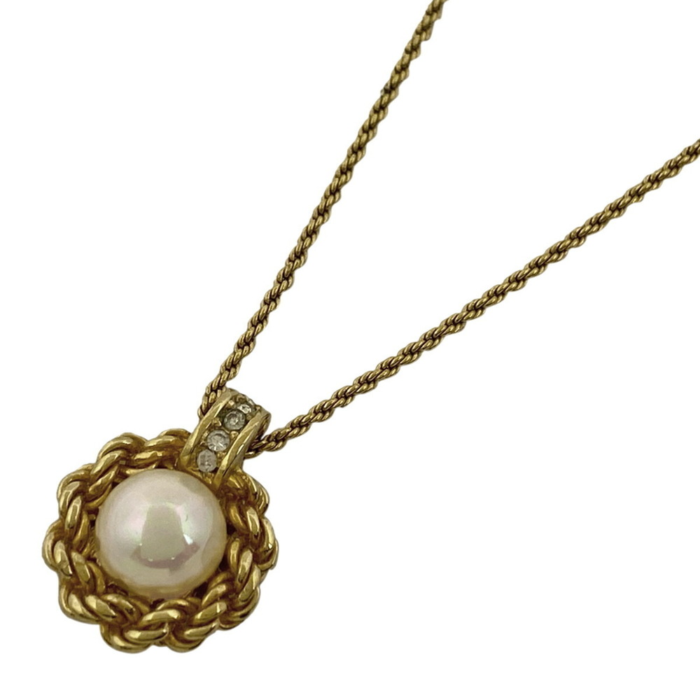Christian Dior Pearl Design Necklace Round Cd Gp Rhinestone Gold
